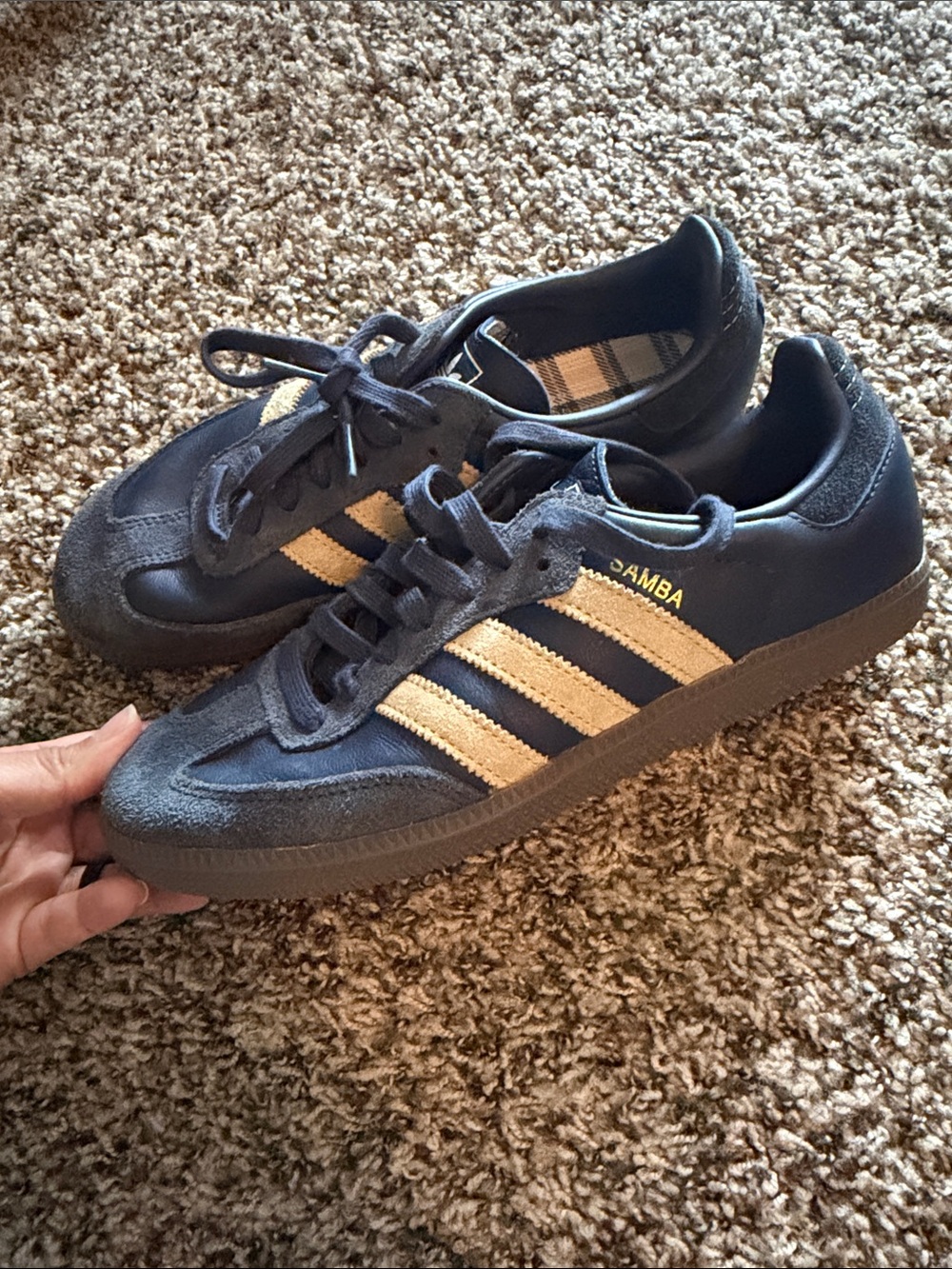 adidas mens Samba Sneakers in Navy with Stripes